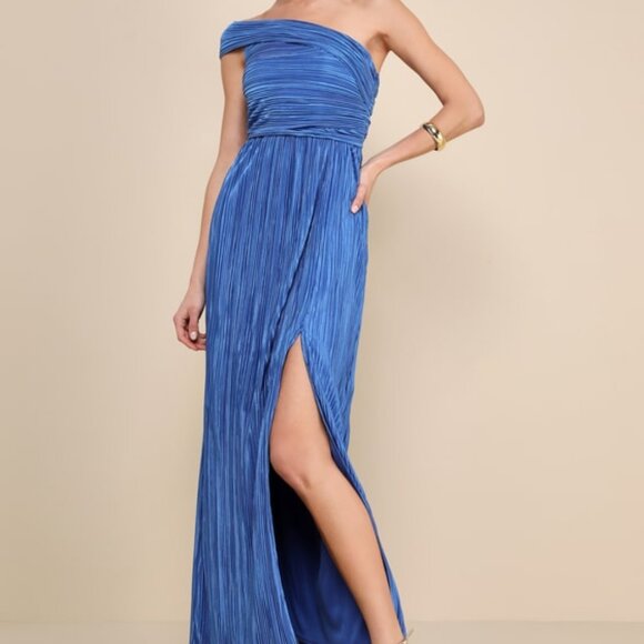 Lulus Poised Performance Blue Plisse One-shoulder Maxi Dress - Size XXL - Picture 1 of 1